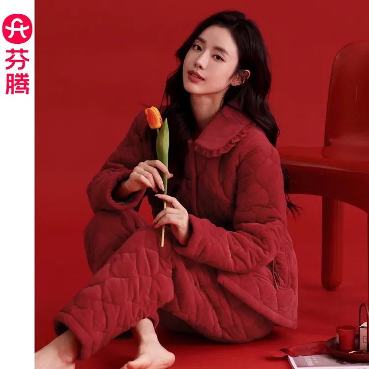 芬腾女士睡衣红色三层夹棉秋冬珊瑚绒加厚加绒保暖套装冬季家居服