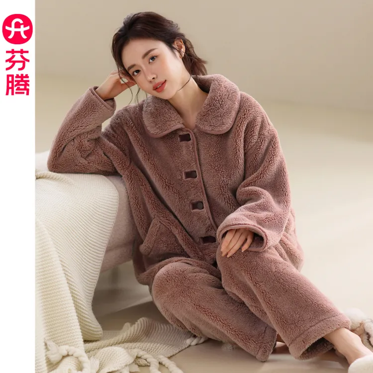 芬腾2024新款秋冬季女款睡衣女加厚保暖珊瑚绒长袖大码家居服套装