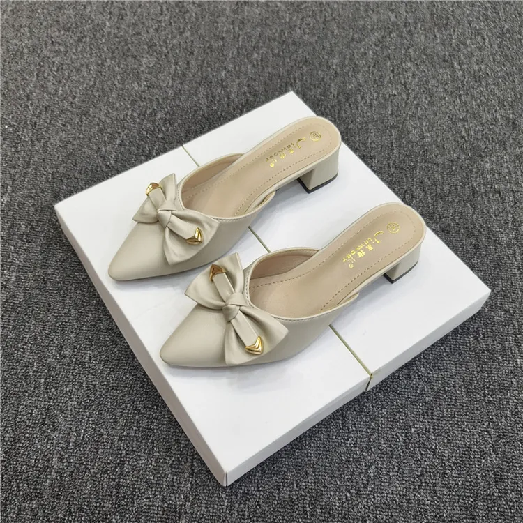 包头半拖鞋女2025秋新款尖头小香风粗跟蝴蝶结舒适外穿穆勒凉拖鞋