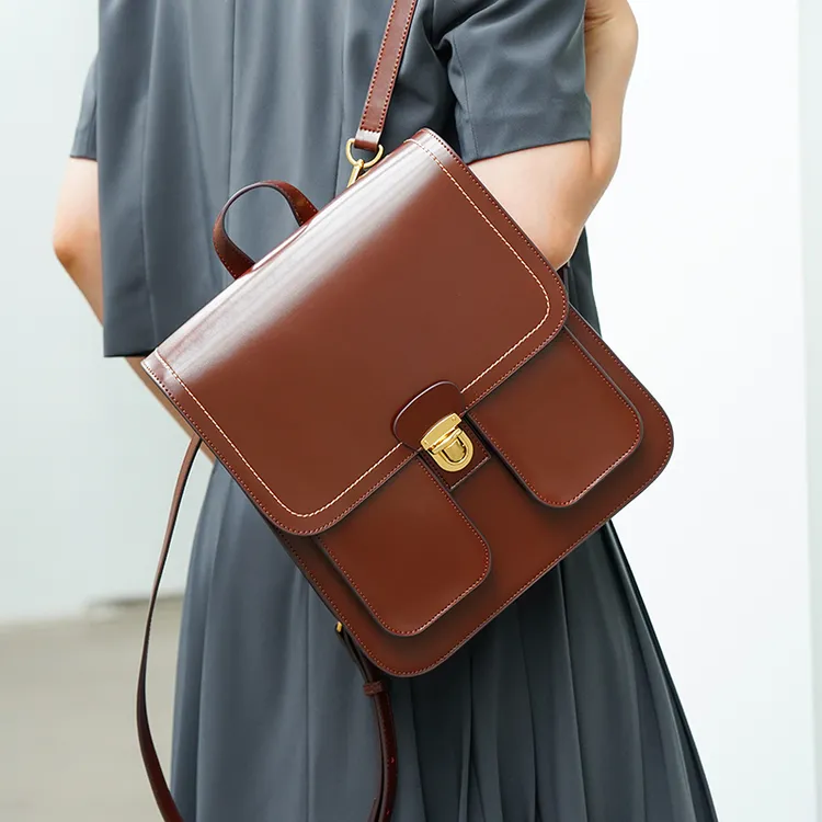 La Seine塞纳真皮双肩包女复古英伦学院风书包皮质百搭iPad背包