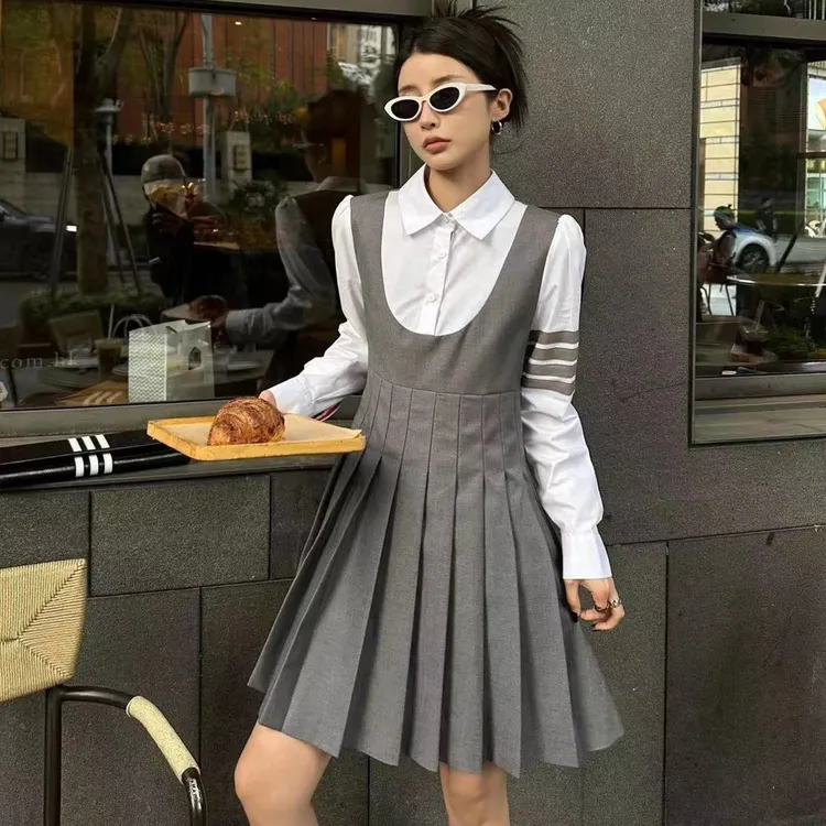 TB学院风拼色翻领假两件连衣裙女设计感长袖衬衫百褶裙23秋季新款