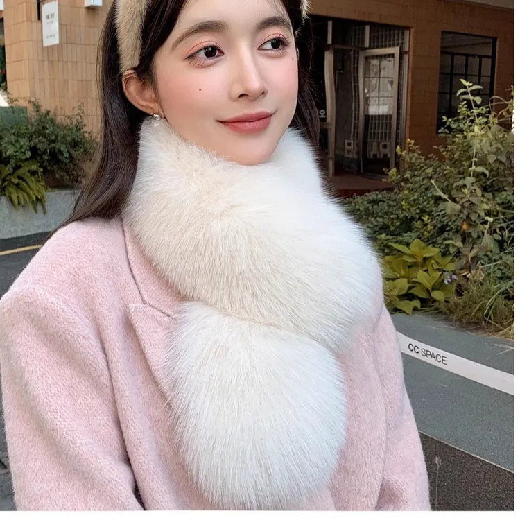 双面狐狸毛围巾女冬季仿兔毛围脖加厚保暖交叉时尚防风皮草毛领子