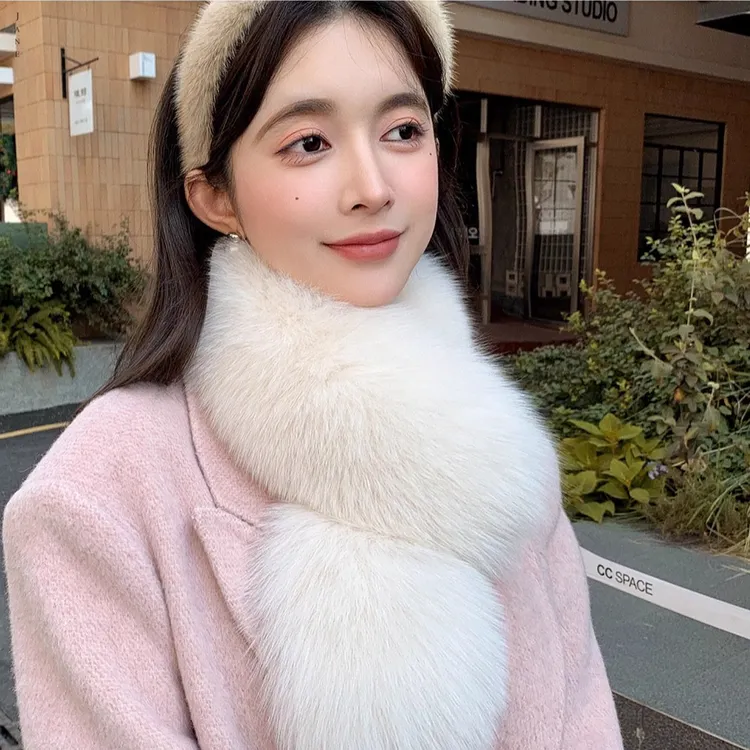 （歪歪专属）米白色双面围巾女冬季加厚双面百搭简约护颈仿狐狸围脖