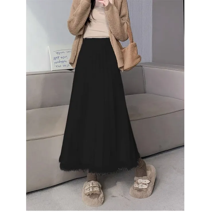 小柒推荐大码百搭显瘦半身裙针织秋冬高腰气质遮肉流苏A字大摆裙