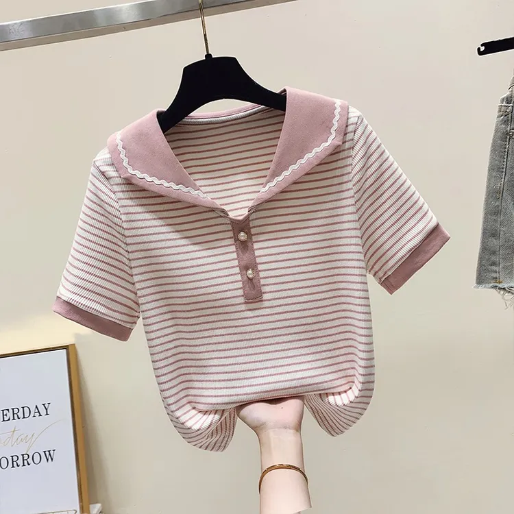中大童娃娃领条纹纯棉短袖2025夏季新款t恤洋气撞色甜美上衣女童