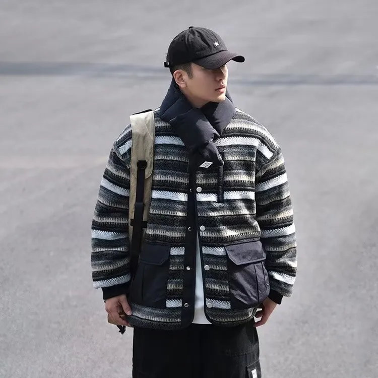 冬季复古拼接条纹翻领两面穿棉服男潮流设计感休闲宽松加厚外套
