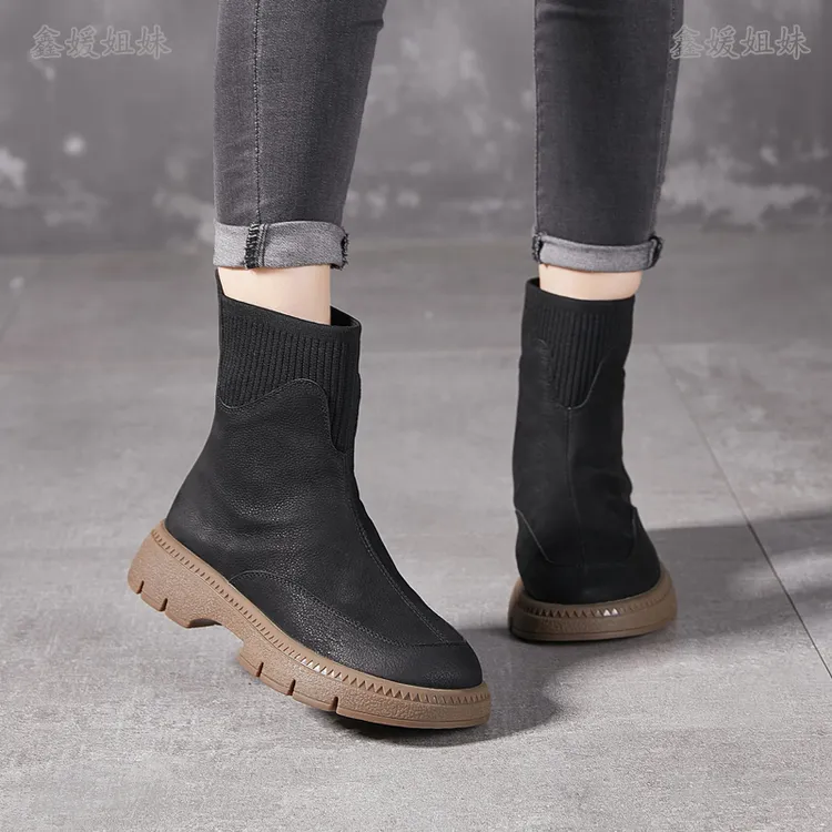 596女靴英伦风中筒厚底圆头防滑保暖透气2024新款秋冬女士靴子