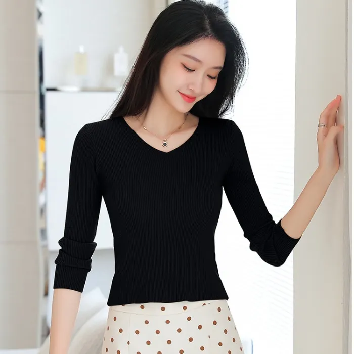 秋冬新款修身打底衫紧身v领长袖内搭针织衫上衣春秋洋气毛衣短款
