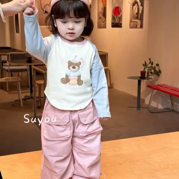 2025童装长袖新款春秋季韩版女宝宝卡通小熊拼色T恤打底休闲圆领