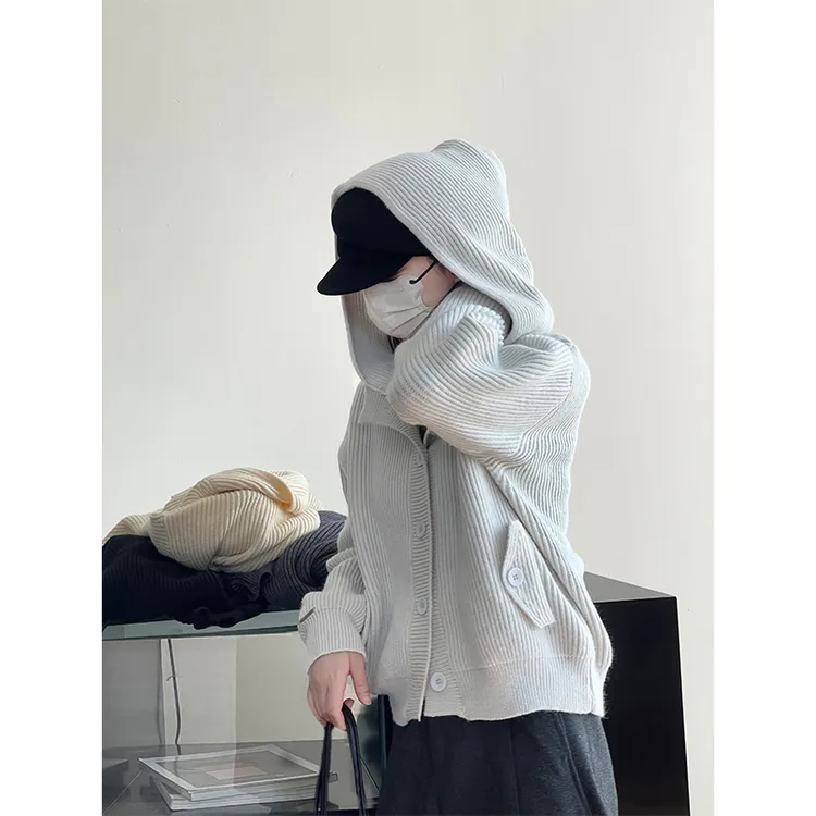 韩风小可爱连帽坑条毛衣外套女24软糯休闲针织开衫初秋上衣