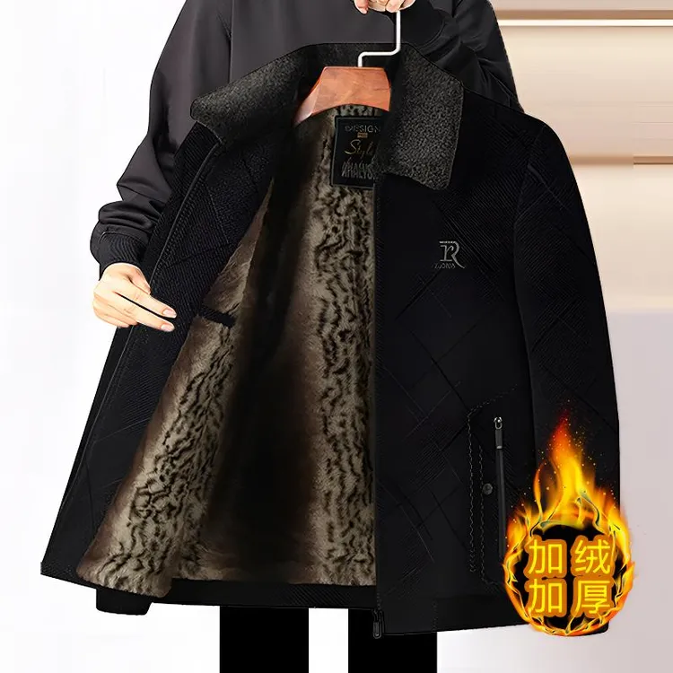 冬季爸爸装雪尼尔加绒外套中老年人加厚保暖毛呢棉服男士毛领棉衣