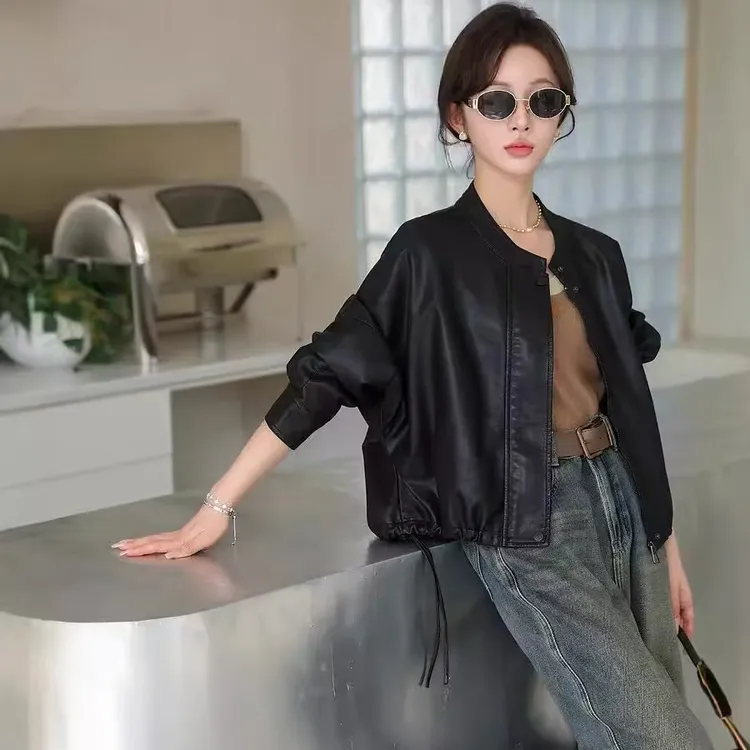 皮衣女短款2025春秋新款宽松时尚立领夹克外套小个子休闲PU机车服