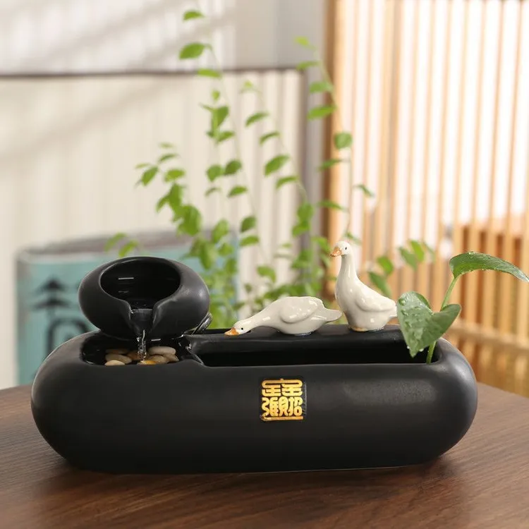 陶瓷家居简约桌面摆件招财轻奢自动循环流水小型鱼缸创意宠物饮水