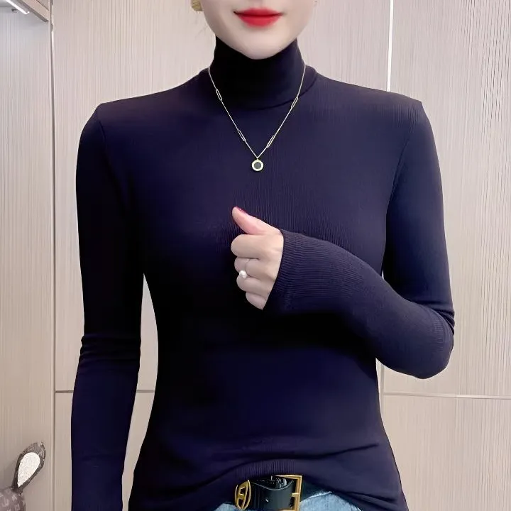 返潮复古时尚气质纯色高领长袖打底衫T恤女简约百搭显瘦修身上衣