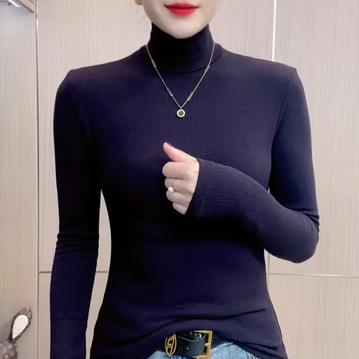 秋冬必备时尚气质纯色高领长袖打底衫T恤女简约百搭显瘦修身上衣