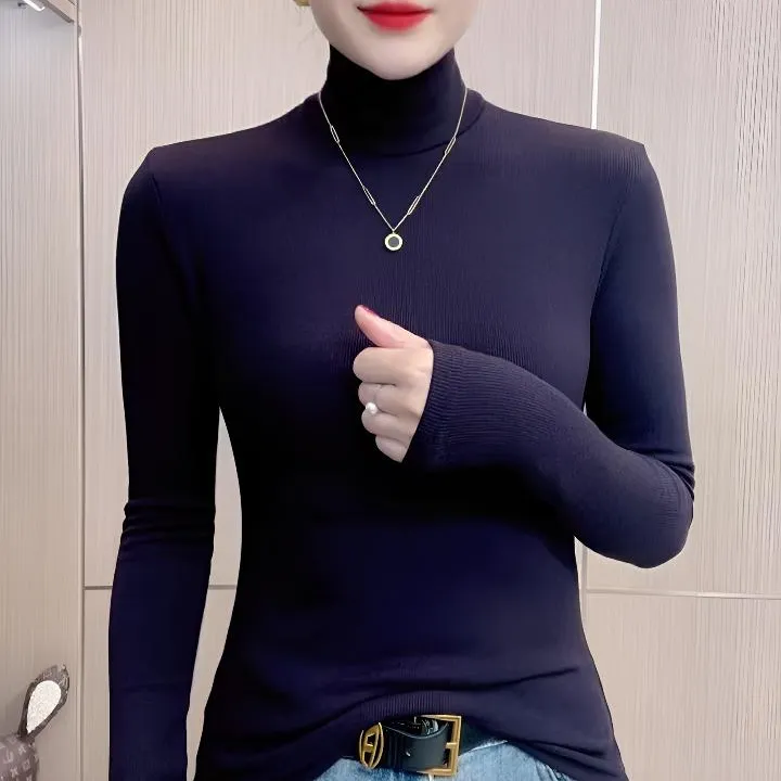 高领返潮复古时尚气质纯色长袖打底衫T恤女简约百搭显瘦修身上衣