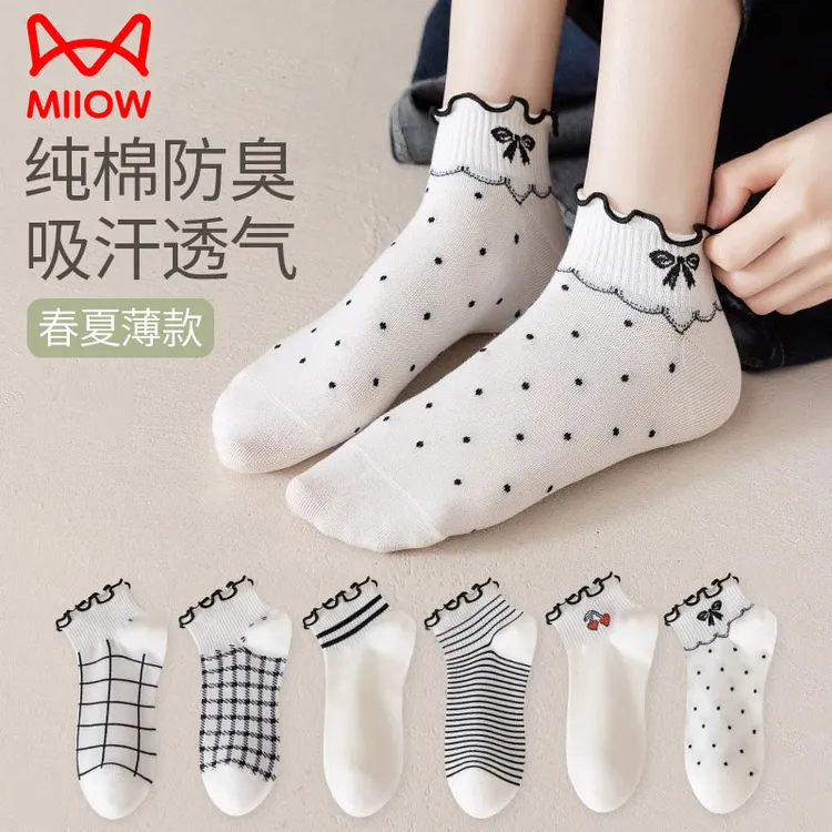 猫人波动袜子女短袜纯棉防臭春夏季薄款白色日系可爱公主花边短筒