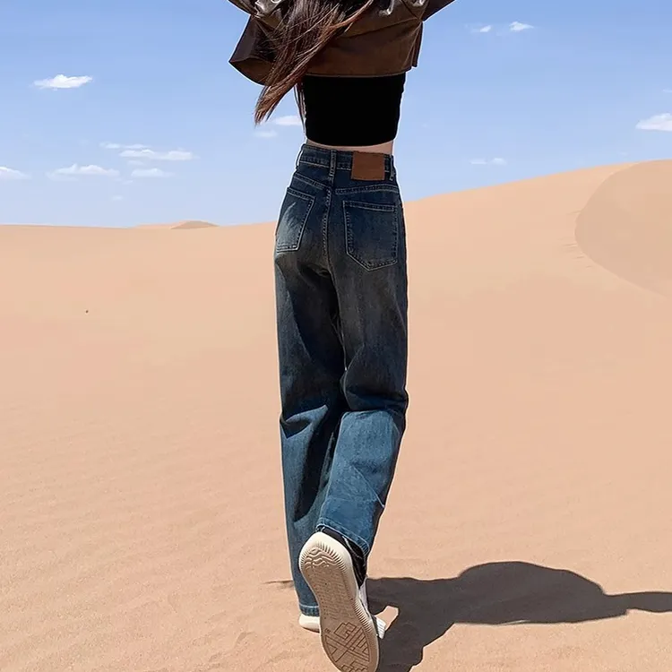 2024秋冬加绒加厚阔腿牛仔裤女小个子弹力高腰显瘦宽松直筒裤长裤