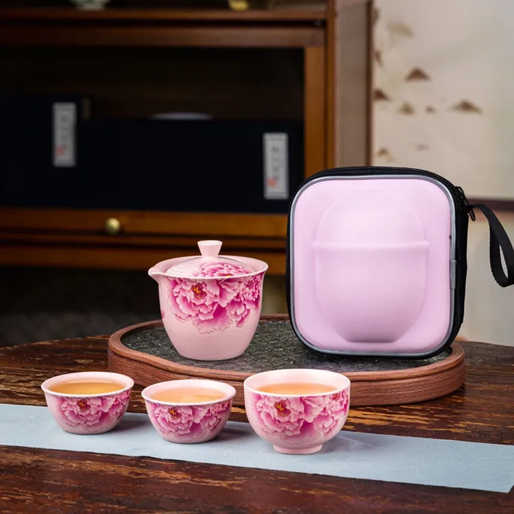 粉色牡丹花一壶三杯旅行茶具户外便携陶瓷套装