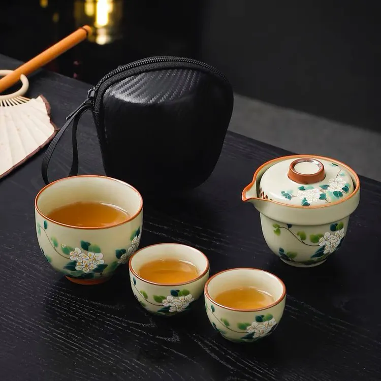 岑汝山茶花一壶三杯旅行茶具户外便携汝窑开片功夫茶具套装