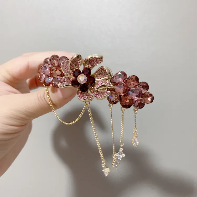 花朵重工8公分弹簧夹马尾半批发夹006时尚古风流苏发卡紫色