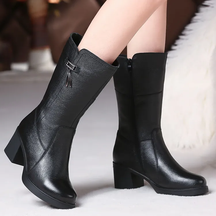 靴子女2024新款皮靴真皮中筒靴粗跟女靴全牛皮中年妈妈棉鞋冬加绒