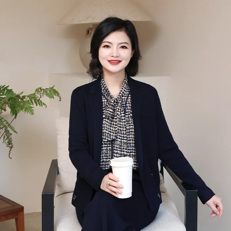 枫竺高端女装阿楠anan时光流转精纺绵羊毛针织开衫西装领时尚外套