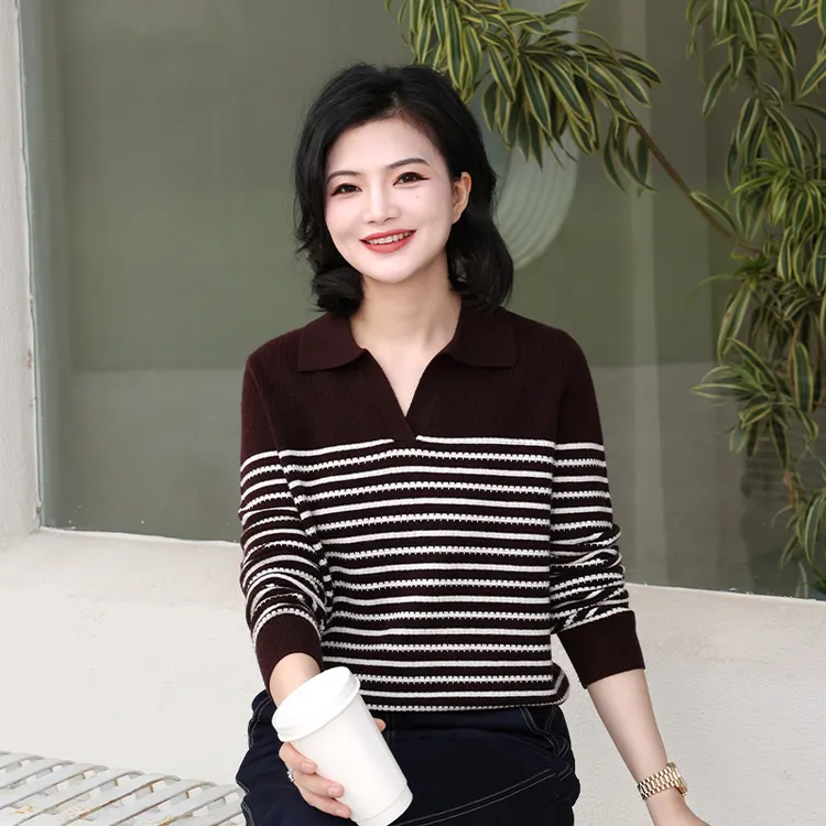 枫竺女装阿楠anan100绵羊毛撞色条纹翻领套头毛衣女冬百搭针织衫