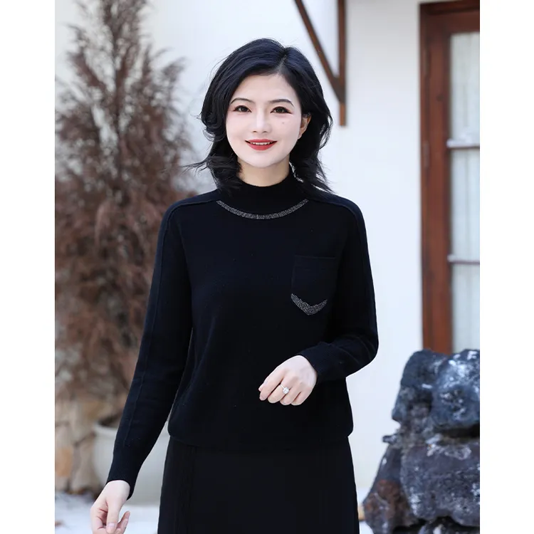 枫竺阿楠anan 朝暮与共 全羊毛花纱半高领烫钻针织衫女士冬季毛衣