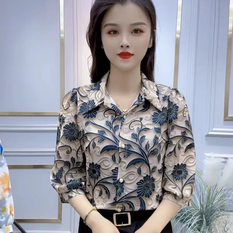 印花衬衫女2024夏季新款时尚百搭遮肚子七分袖设计感显瘦衬衣