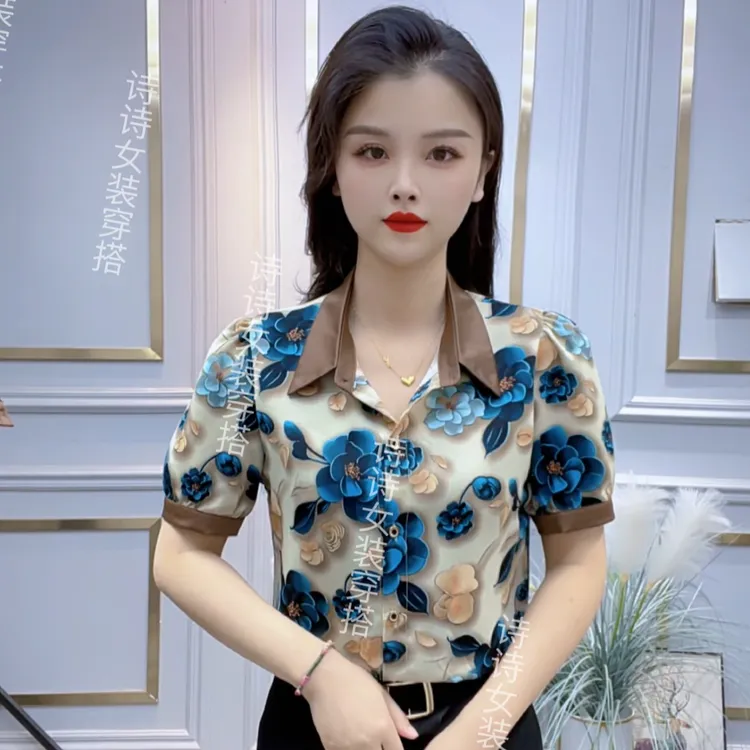 印花短袖衬衫女2024夏季新款时尚百搭遮肚子减龄设计感显瘦衬衣