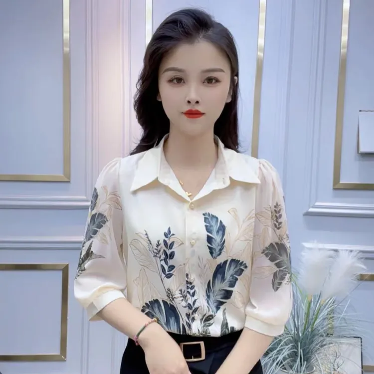 设计感时尚印花翻领衬衫女2024夏季新款百搭洋气欧货显瘦短袖衬衣