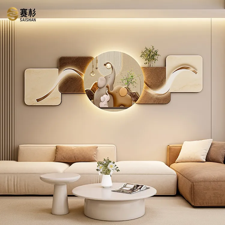 现代简约客厅装饰画LED灯横幅沙发背景墙侘寂风高级感创意挂画