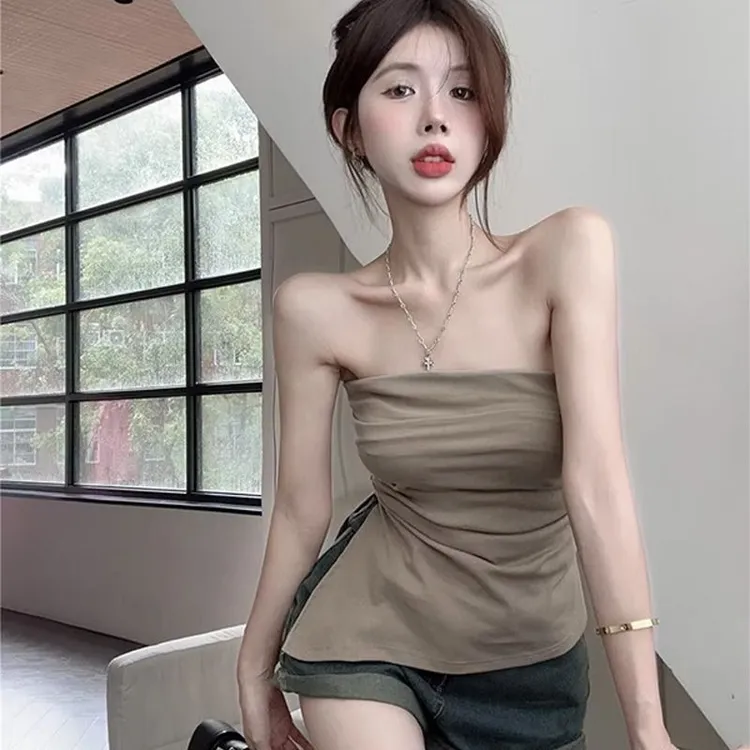 性感抹胸外穿夏无袖背心女设计感不规则开叉收腰内搭打底裹胸上衣