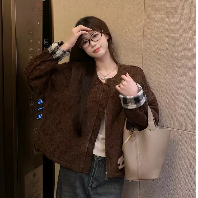 慵懒风宽松棉服复古气质纯色加棉加厚保暖厚外套遮肉拉链文艺棉衣