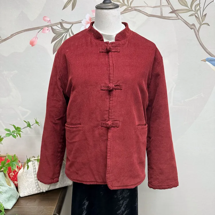 2024年冬季新款条绒夹棉纯色外套中式立领盘扣外搭保暖防寒上衣