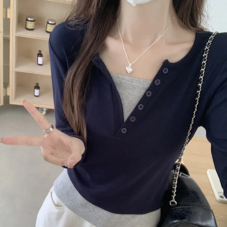 韩版假两件拼接内搭T恤女秋冬季设计感小众打底衫新款修身上衣