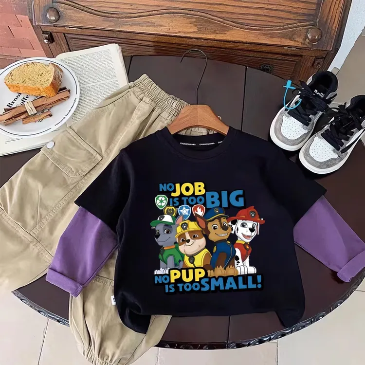 汪汪队卡通儿童T恤纯棉春秋款儿童假两件圆领长袖T恤宝宝秋装上衣