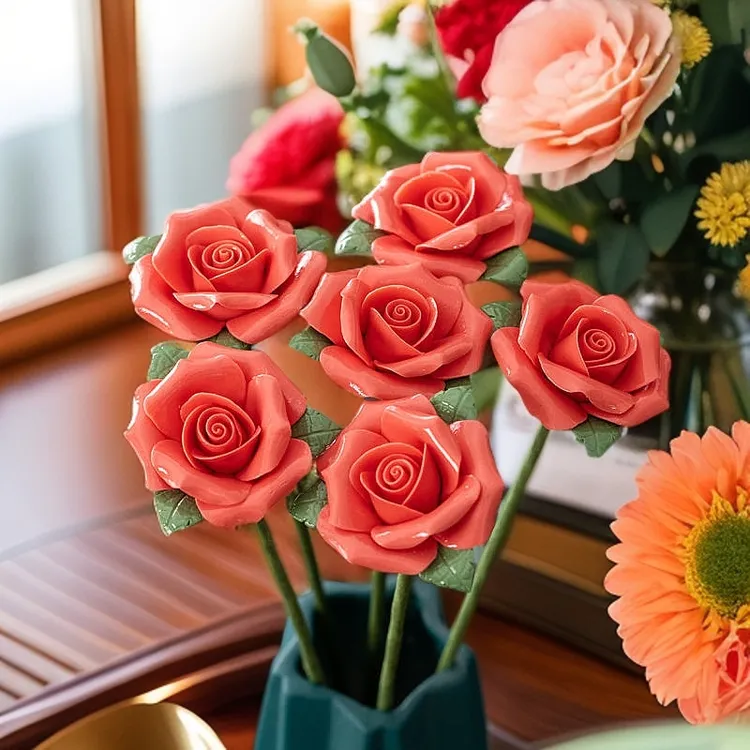 仿真玫瑰花陶瓷花束假花玫瑰花客厅餐厅摆件花艺插花陶瓷花陶瓷花