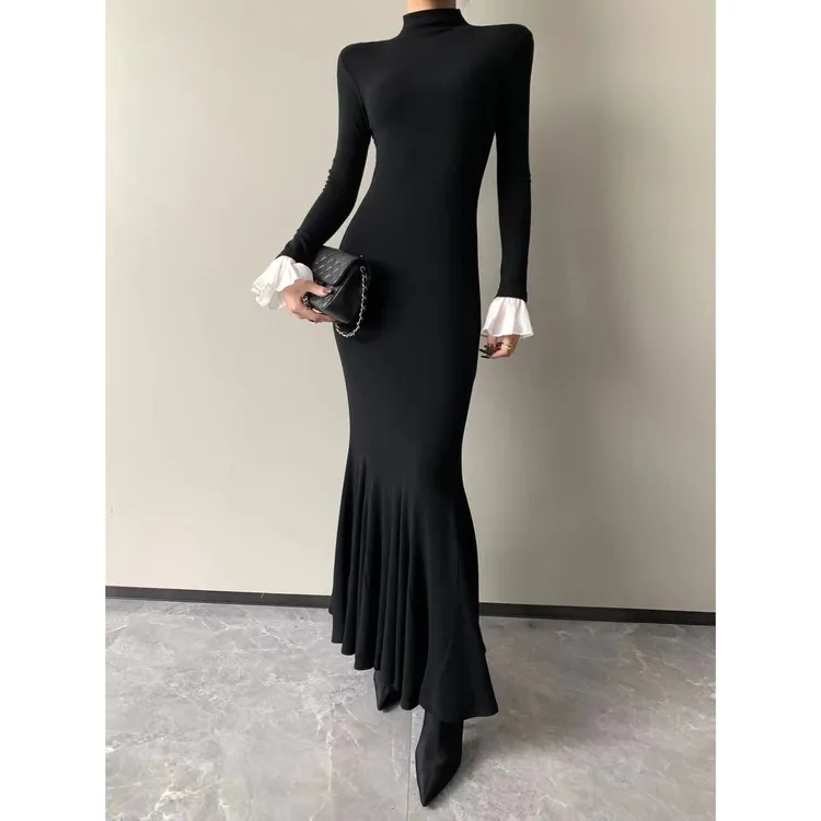 黑色优雅修身长裙秋冬内搭显瘦百搭名媛时尚性感气质鱼尾长袖长裙