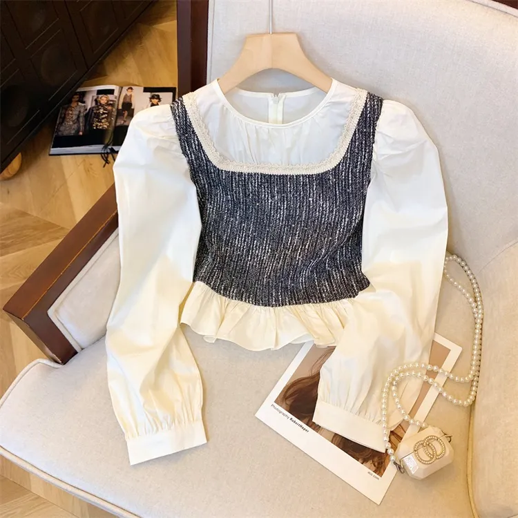 法式复古假两件撞色亮片背心衬衫女春季新款设计感小众别致上衣
