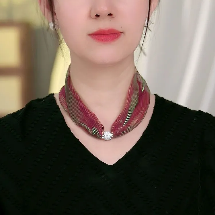 【炫彩磁扣项链巾】2025新款女丝巾护颈蕾丝遮颈纹时尚百搭围巾套脖
