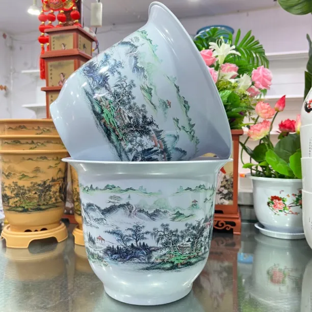 2个260#白色山水花盆 送托盘(直径26厘米 高度19厘米)
