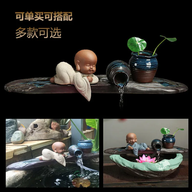 云觉坊陶瓷流水创意小和尚室内客厅喷泉假山鱼缸摆件加湿装饰沙弥