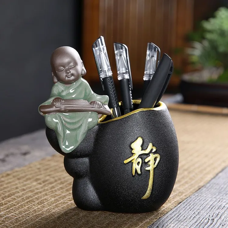 云觉坊陶瓷笔筒学生桌面收纳盒和尚网红办公用品个性颜值古风摆件