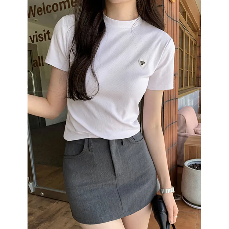 纯棉爱心正肩短袖t恤女夏季2024新款韩系修身显瘦半袖上衣体恤潮