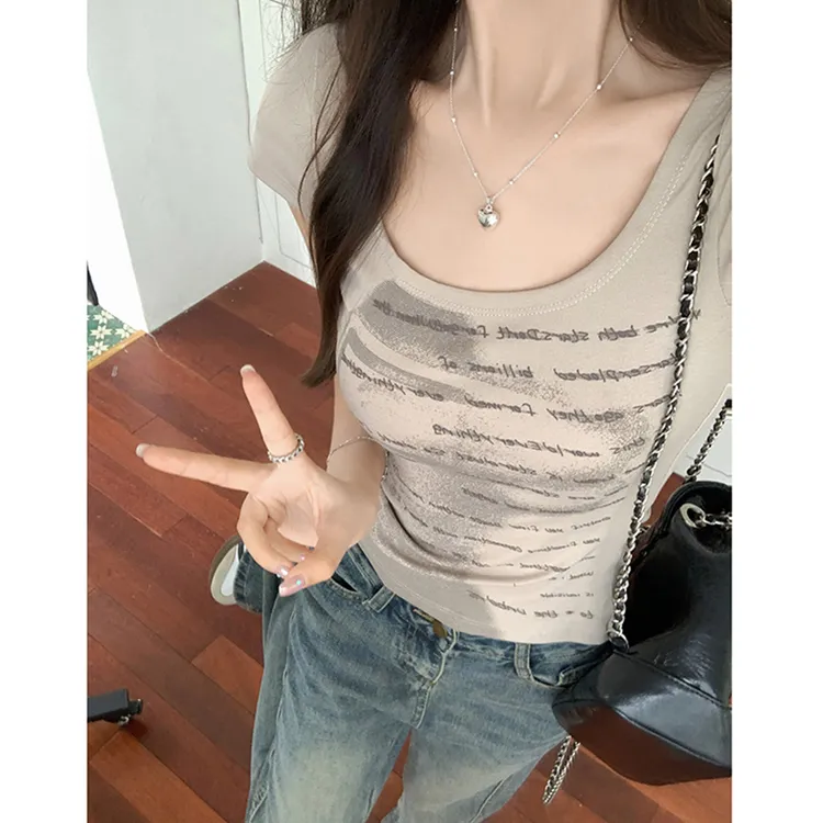 美式复古u领正肩短袖T恤女2024夏季新款修身辣妹印花短款露脐上衣