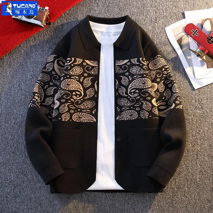 啄木鸟正品针织开衫男上衣国潮提花翻领毛衣男士休闲高级感上衣服