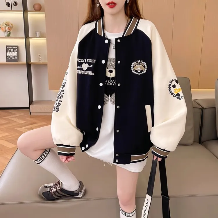 美式棒球服外套女春秋季大童2025新款初中学生洋气时尚撞色上衣
