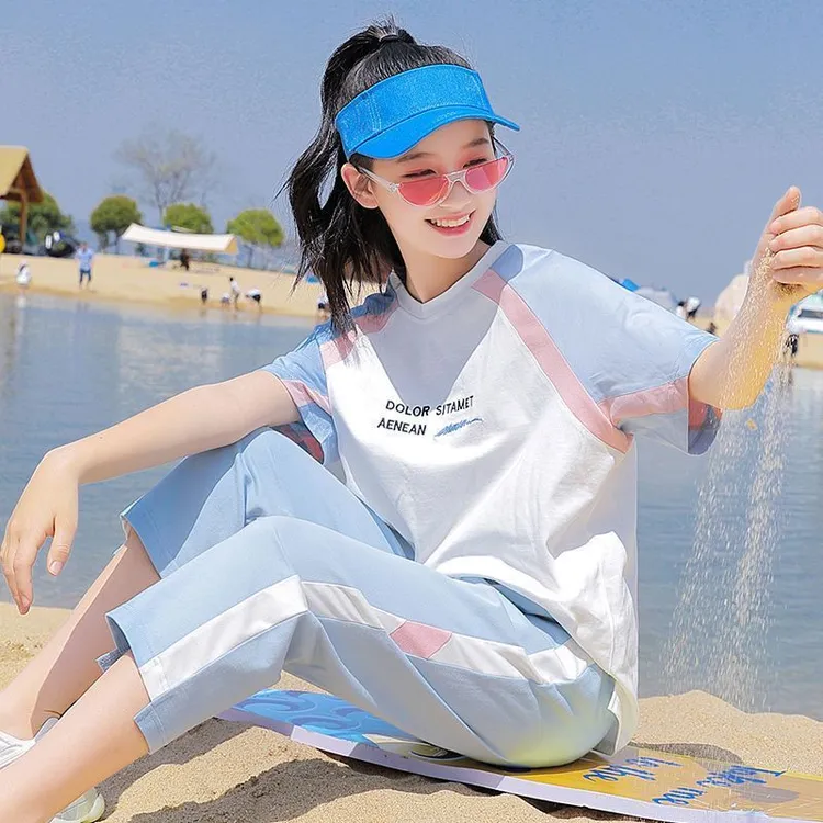 少女夏装休闲运动套装2025夏季新款高中学生韩版宽松初中生两件套